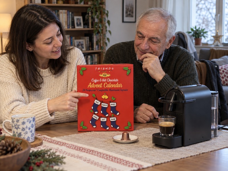 Жена и баща й проверяват коледен календар с капсули до машина за Nespresso Original