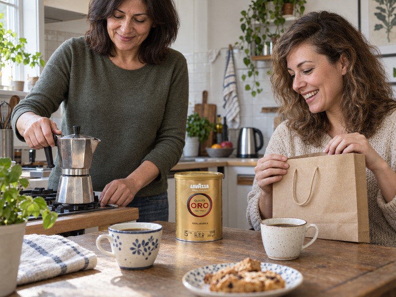 Две жени приготвят мока кафе с подаръчна кутия Lavazza Qualita Oro