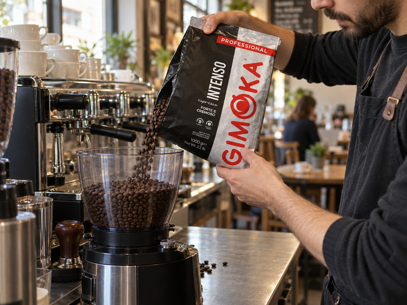 Бариста зарежда мелачка с кафе на зърна Gimoka Intenso Professional Line
