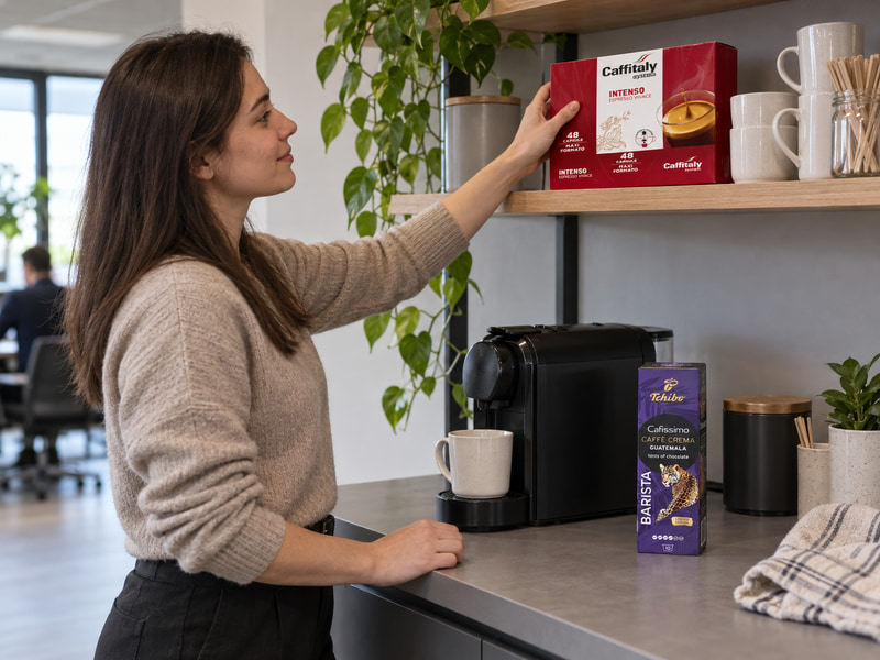 Служителка подрежда голяма Caffitaly опаковка в реалистична офис кафе зона до по-малък Cafissimo пакет