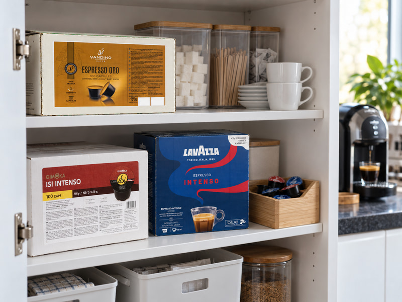 Подредени Lavazza Blue и съвместими капсули в сух офис шкаф за контрол на запаса