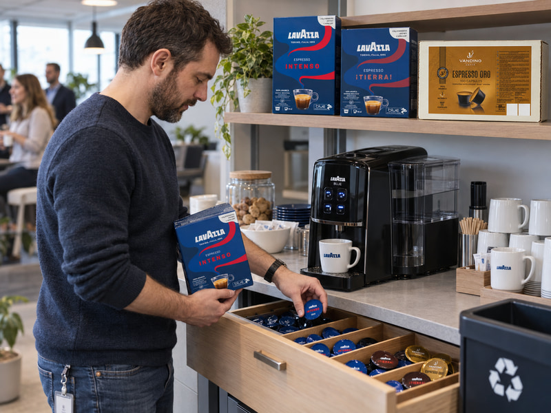 Служител зарежда реална офис кафе зона с Lavazza Blue капсули за седмично потребление