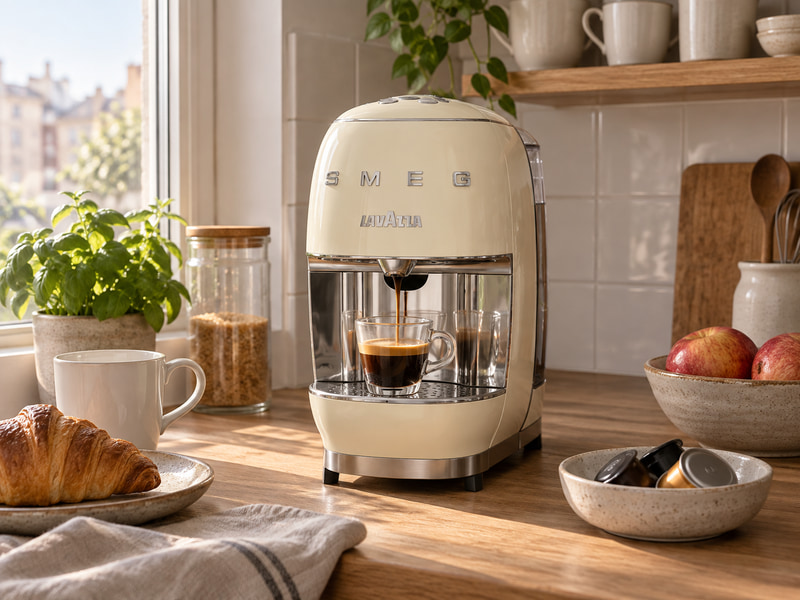 Lavazza A Modo Mio SMEG капсулна кафемашина в реалистична домашна кухня