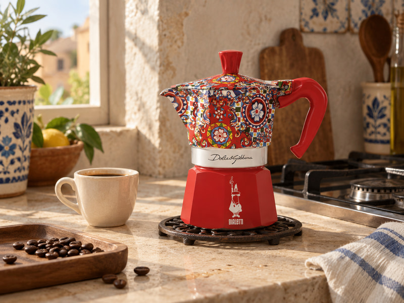 Bialetti x Dolce and Gabbana Moka Express с цветна декорация в светла средиземноморска кухня