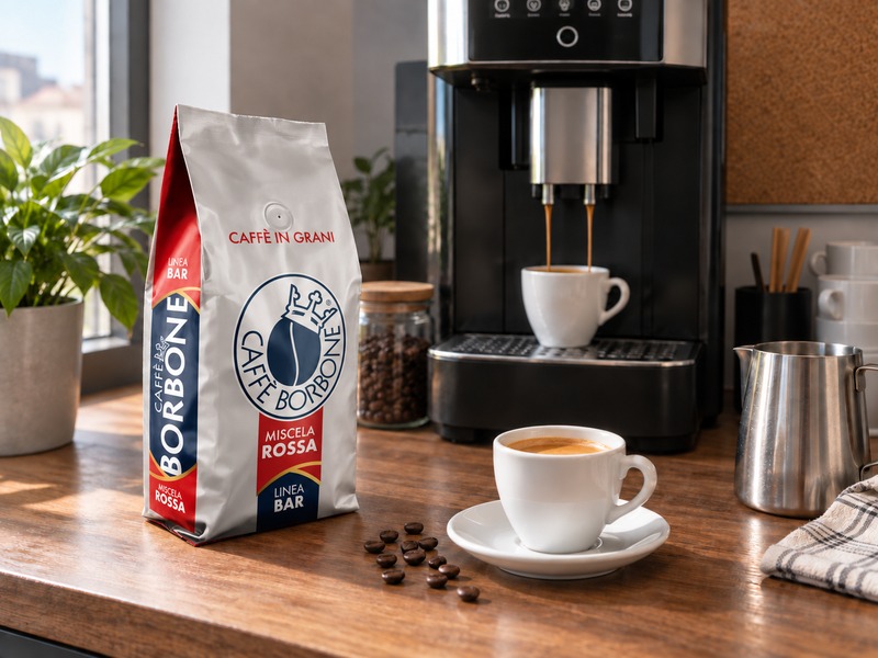 Caffè Borbone Miscela Rossa на зърна до автоматична кафемашина в реална офис кухня