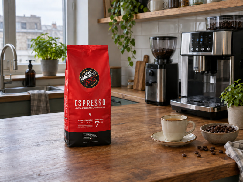 Caffè Vergnano Espresso 1 кг до автоматична кафемашина, чаша еспресо и кафе на зърна