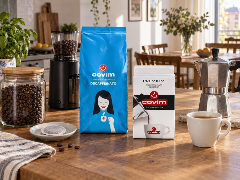 Covim Decaffeinato на зърна и Covim Premium мляно кафе до мелачка, мока кафеварка и хартиена доза