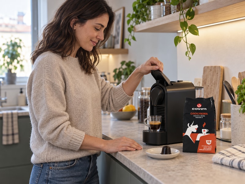Приготвяне на еспресо с Covim Orocrema капсули в съвместима с Dolce Gusto домашна машина