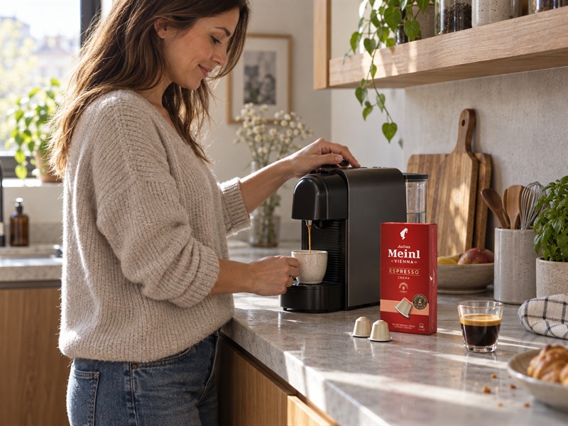 Домашно приготвяне на еспресо с Julius Meinl Espresso Crema капсули и машина за Nespresso Original