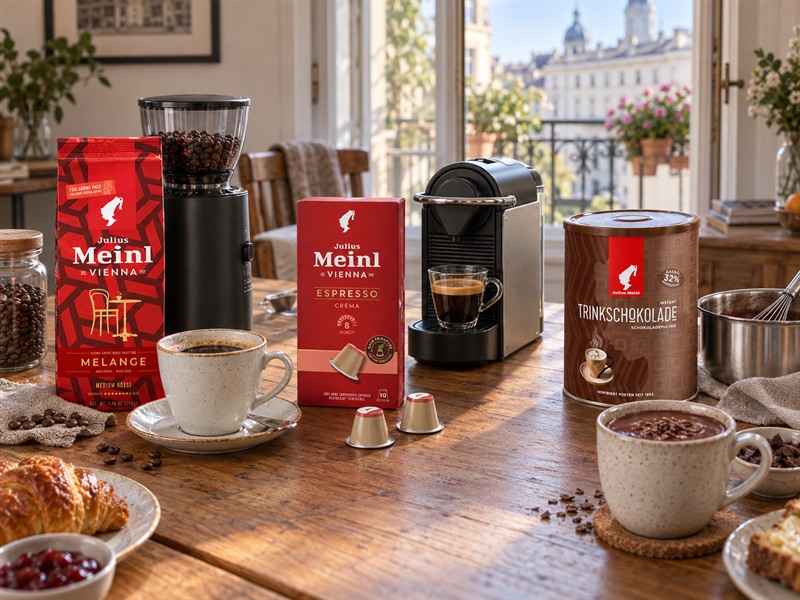 Julius Meinl Vienna Melange, Espresso Crema капсули и горещ шоколад в реалистична домашна закуска