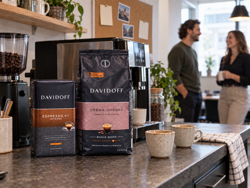 Davidoff Espresso 57 и Crema Intense до автоматична кафемашина в реалистична офис кафе зона
