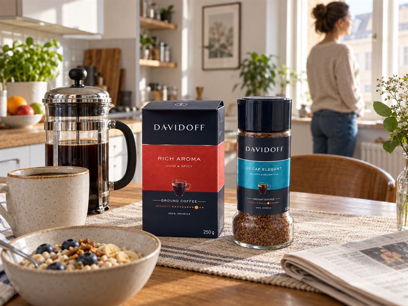 Davidoff Rich Aroma мляно кафе и Decaf Elegant разтворимо безкофеиново кафе на реалистична домашна закуска