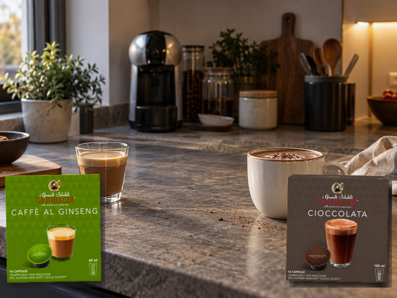 Оригинални Garibaldi Ginseng и Cioccolata капсули за Dolce Gusto с приготвени напитки в реалистична кухня