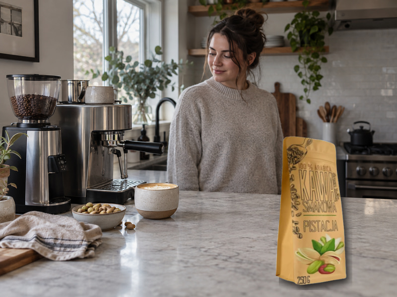 Реална опаковка Green Touch Pistachio 250 г в широка домашна кафе сцена