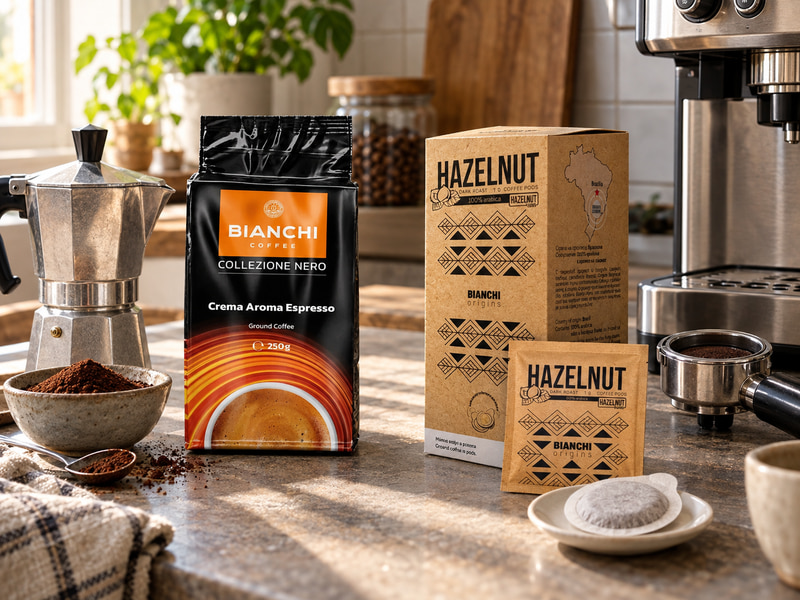 Точни опаковки Bianchi Nero Crema Aroma мляно кафе и Bianchi Hazelnut E.S.E. до подходящи уреди