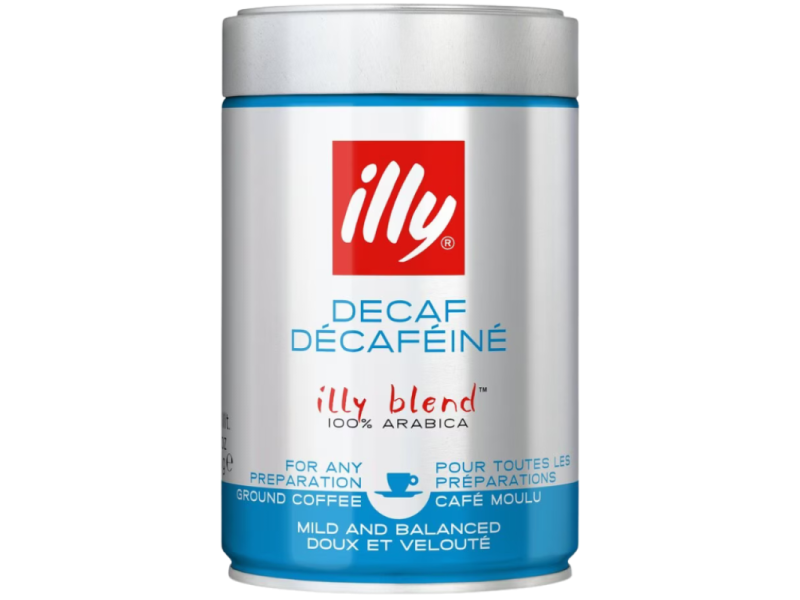 Цяла кутия мляно кафе Illy Decaf с надпис Ground Coffee