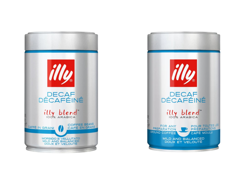 Illy Decaffeinato: кафе на зърна вляво и мляно кафе вдясно