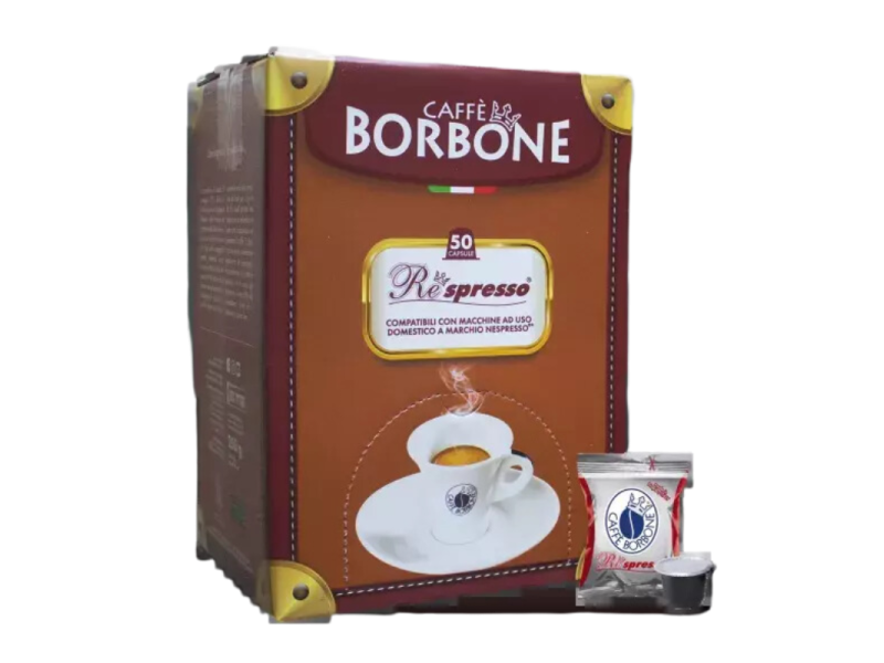 Кутия Borbone Respresso с обозначение за 50 капсули, индивидуална опаковка и капсула