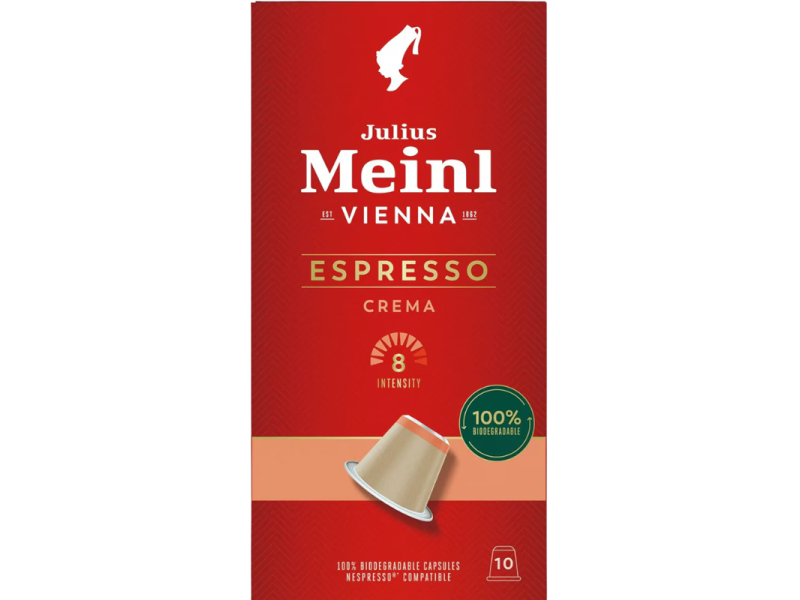 Червена кутия Julius Meinl Espresso Crema с обозначение за 10 капсули и Nespresso compatible