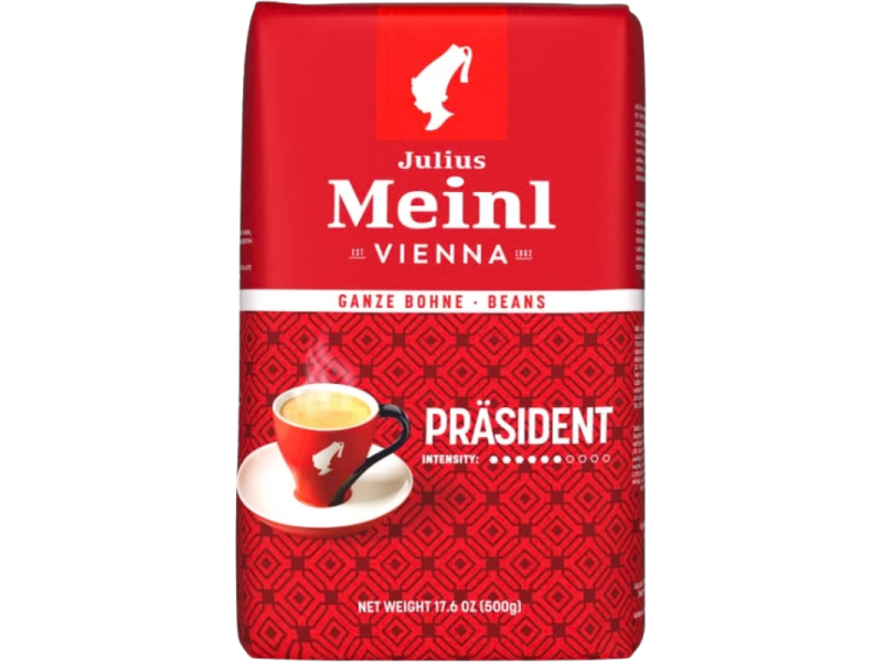 Червен пакет Julius Meinl Präsident с надпис за кафе на зърна и 500 г