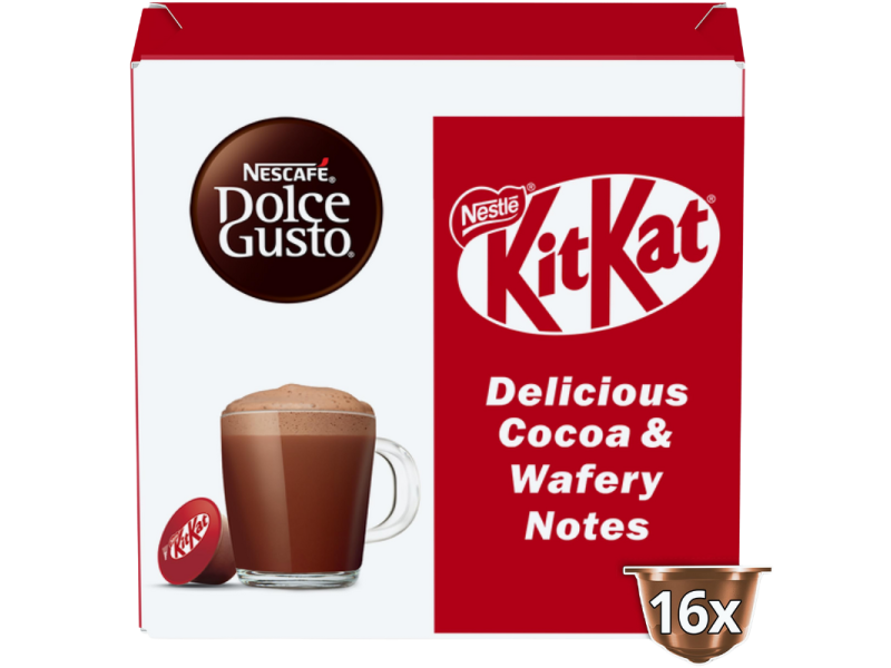 Цяла бяло-червена опаковка KitKat by Nescafé Dolce Gusto с означение 16 капсули