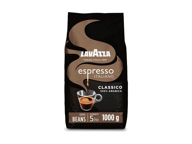 Кафяво-черна опаковка Lavazza Espresso Italiano Classico на зърна с надпис 1000 г