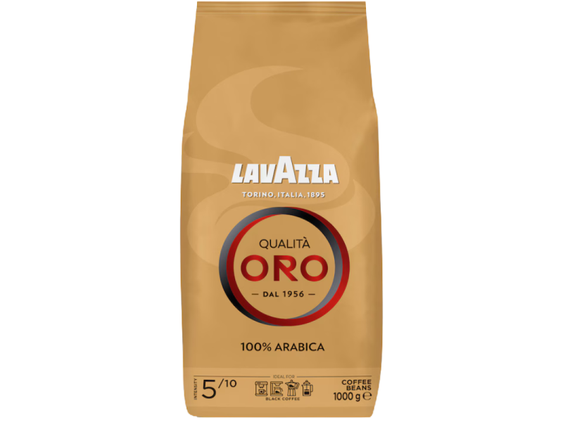 Златиста опаковка Lavazza Qualità Oro на зърна с надписи 100% Арабика и 1000 г