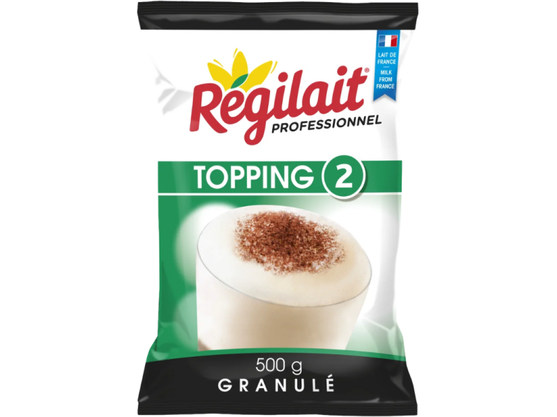 Цяла бяло-зелена опаковка Régilait Professionnel Topping 2 с надписи Granulé и 500 г