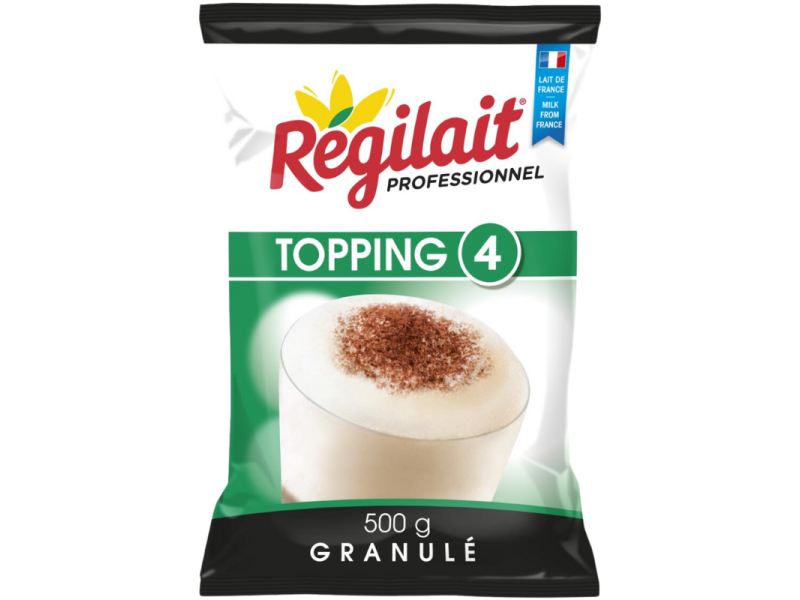 Цяла бяло-зелена опаковка Régilait Professionnel Topping 4 с надписи Granulé и 500 г