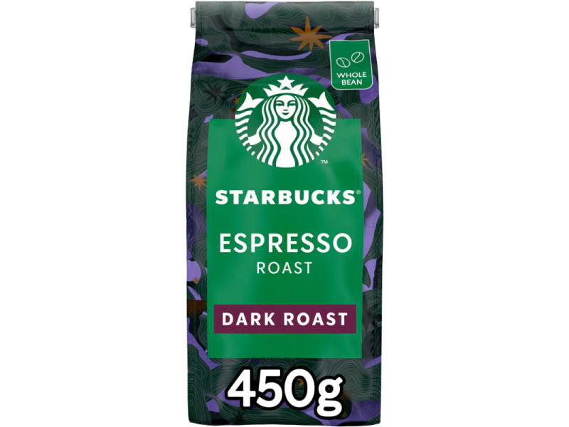 Зелена опаковка Starbucks Espresso Roast Dark Roast кафе на зърна, 450 г