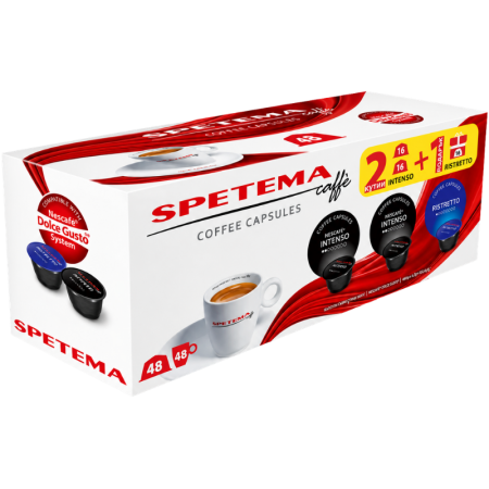 Кафе капсули Spetema 2 кутии Intenso с подарък 1 кутия Ristretto съвместими с Dolce Gusto, 48 капсули