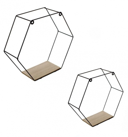 Декоративни рафтове Метални шестоъгълници Дървена основа 2 размера - 2 бр.