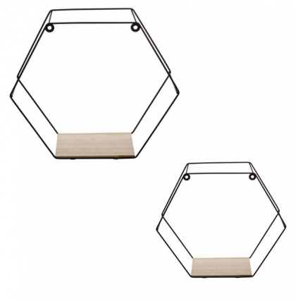 Декоративни рафтове Метални шестоъгълници Дървена основа 2 размера - 2 бр.