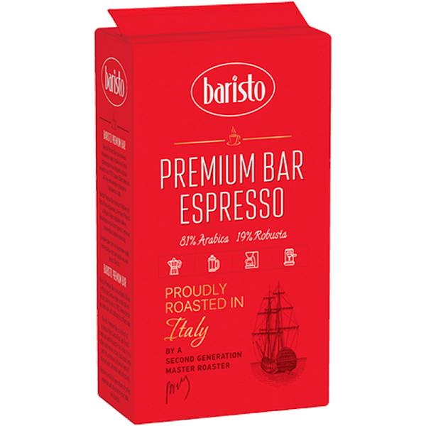 Мляно кафе Baristo Premium Bar Espresso, 0.250 кг, 81% Арабика и 19% Робуста