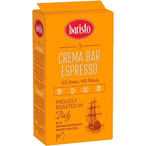 Мляно кафе Baristo Crema Bar Espresso, 0.250 кг, 52% Арабика и 48% Робуста
