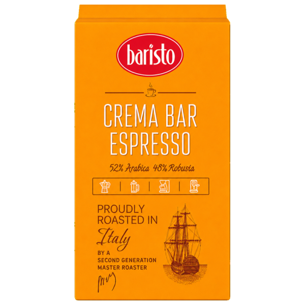 Мляно кафе Baristo Crema Bar Espresso, 250 г, 52% Арабика и 48% Робуста