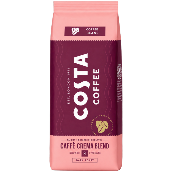 Кафе на зърна Costa Coffee Crema Blend 1 кг – тъмно печене, интензитет 9/12