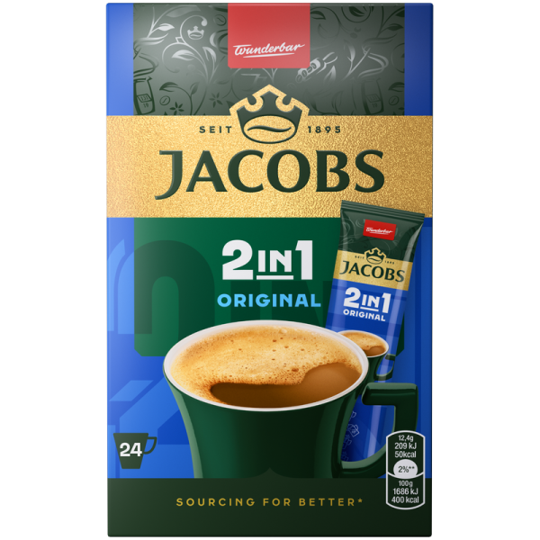 Разтворимо кафе Jacobs 2in1 24 бр. х 12,4 г – кутия със стикове кафе със сметана