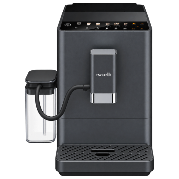 Кафеавтомат Arielli AAE-1420 LATTE, черен, фронтален изглед с кана за мляко