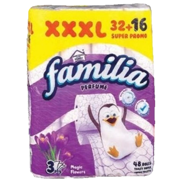 Familia Perfume Magic Flowers XXXL 32+16 — тоалетна хартия 48 ролки, фронтална опаковка