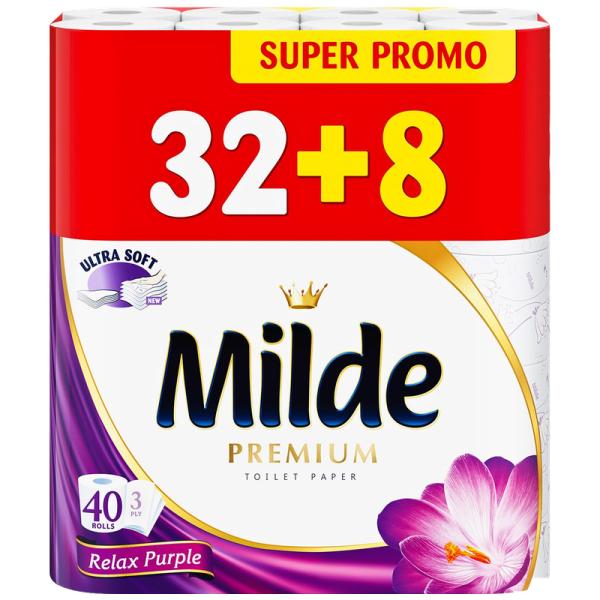 Тоалетна хартия Milde Relax Purple, 3 пласта, 32+8 ролки