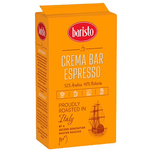 Мляно кафе Baristo Crema Bar Espresso, 0.250 кг, 52% Арабика и 48% Робуста