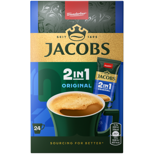 Разтворимо кафе Jacobs 2in1 24 бр. х 12,4 г – кутия със стикове кафе със сметана